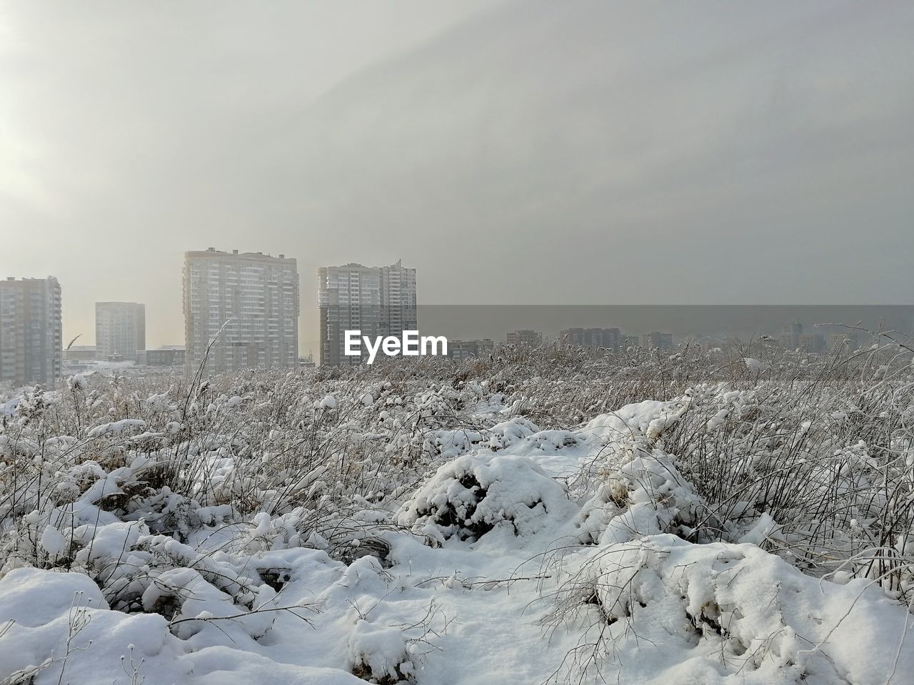 SNOW COVERED BUILDINGS AGAINST SKY IN CITY