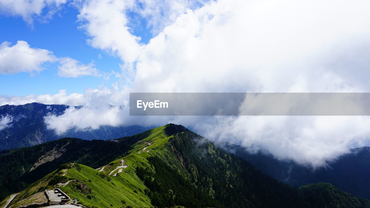 Panoramic view of mountain range against cloudy sky