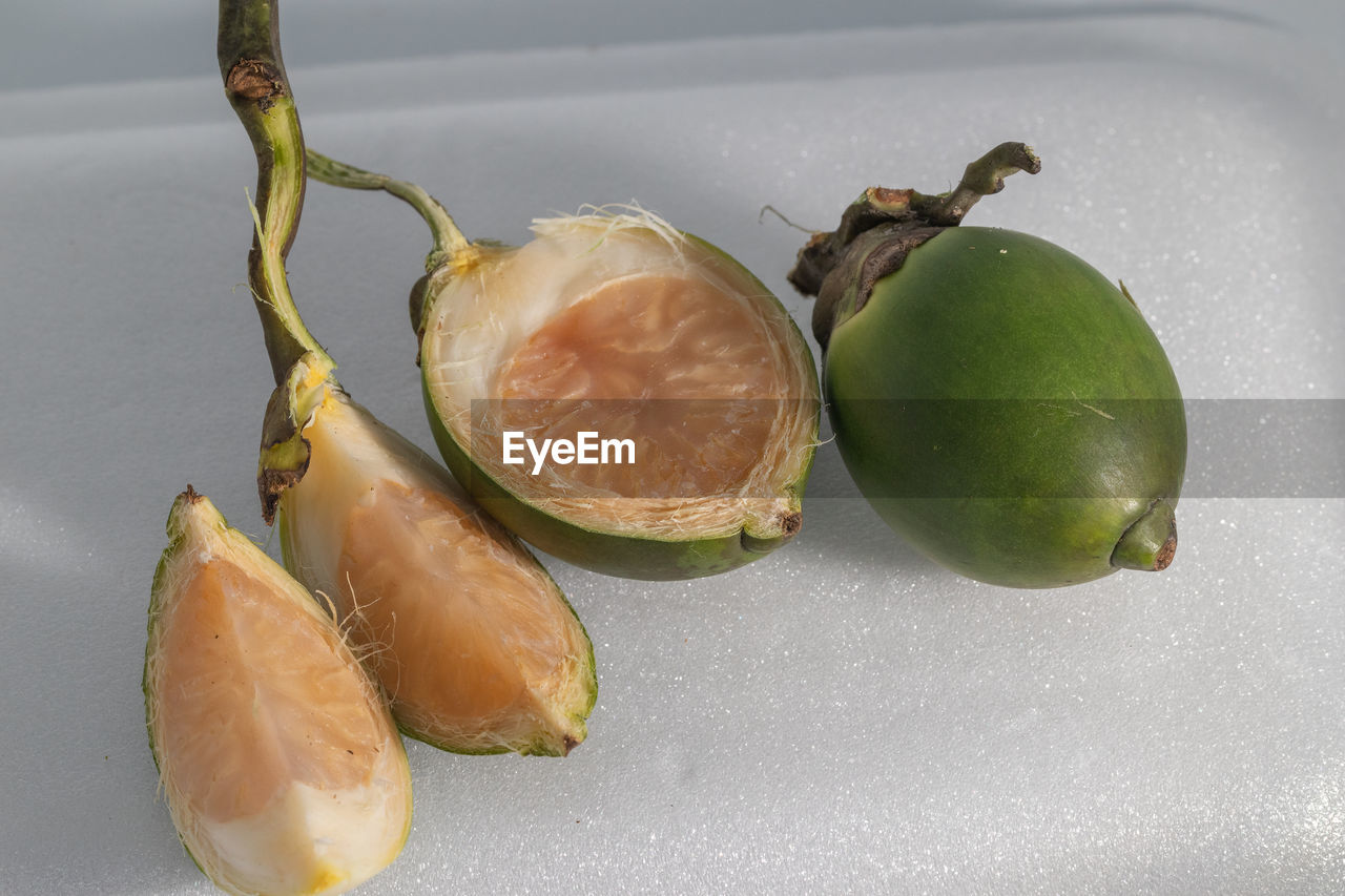 High angle view of betel nut fruits