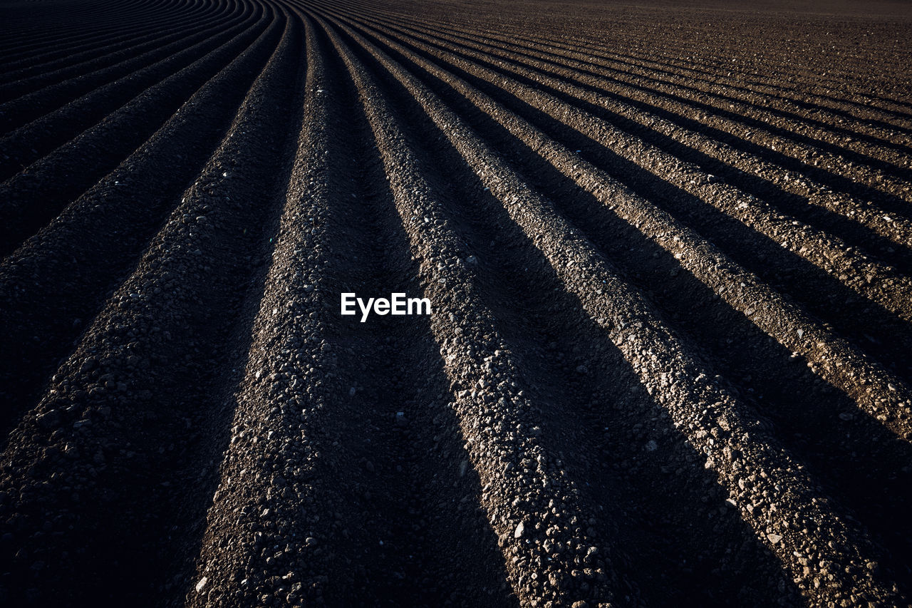 HIGH ANGLE VIEW OF TIRE TRACKS ON FARM