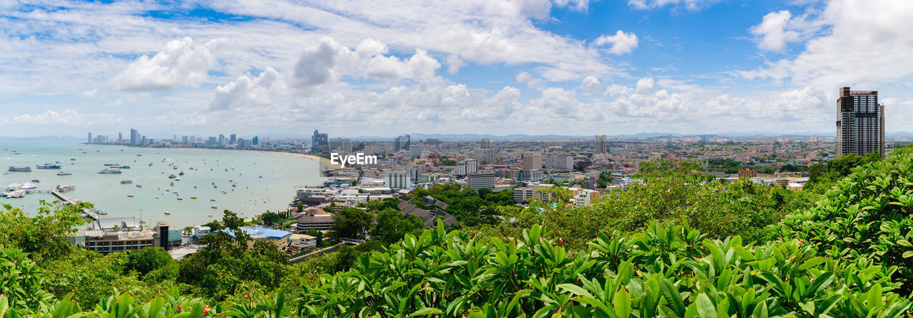 High angle view of buildings against sky