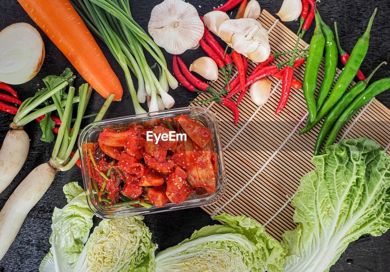 HIGH ANGLE VIEW OF FRUITS AND VEGETABLES ON LEAF