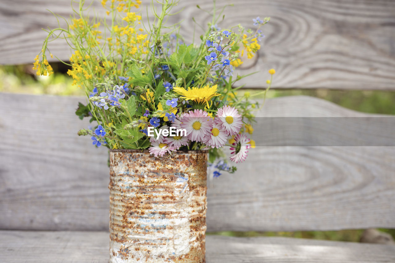 A bouquet of wildflowers of forget-me-nots, daisies and yellow dandelions in full bloom in a rusty