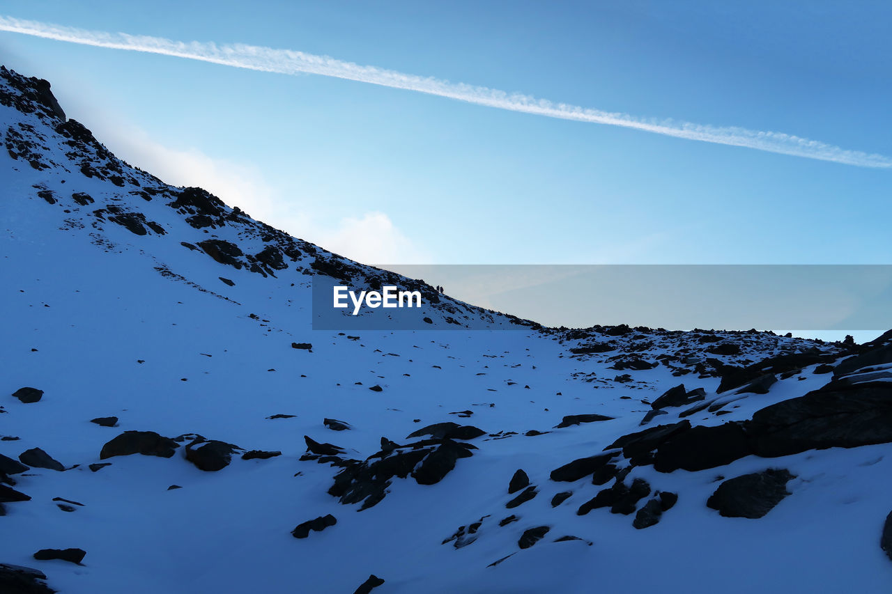 Low angle view of snow covered mountain against sky