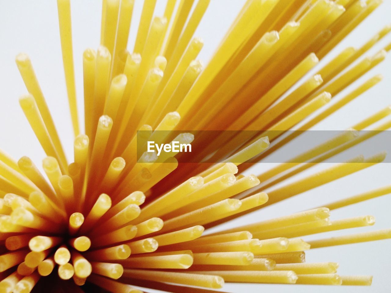 Close-up of raw spaghetti against white background