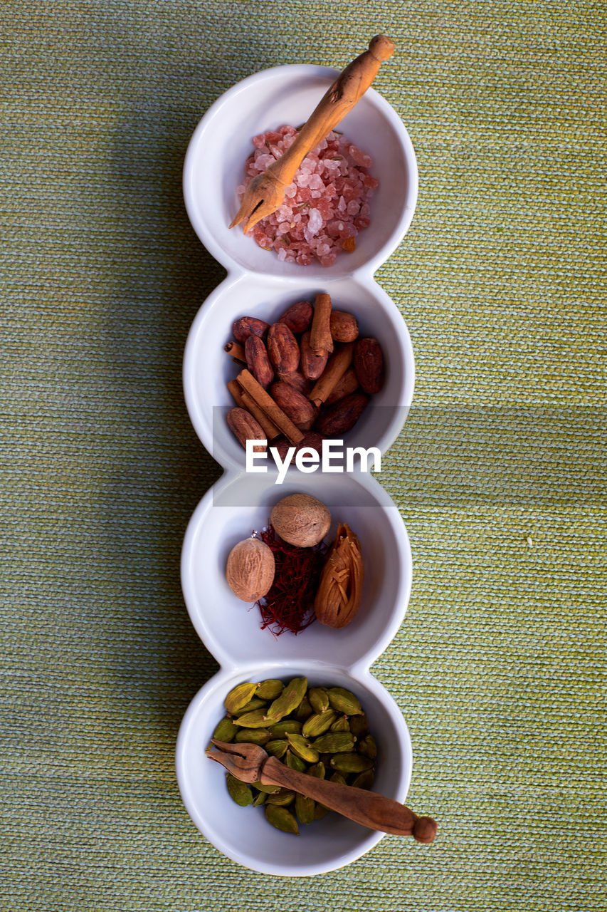 DIRECTLY ABOVE SHOT OF BREAKFAST SERVED ON TABLE