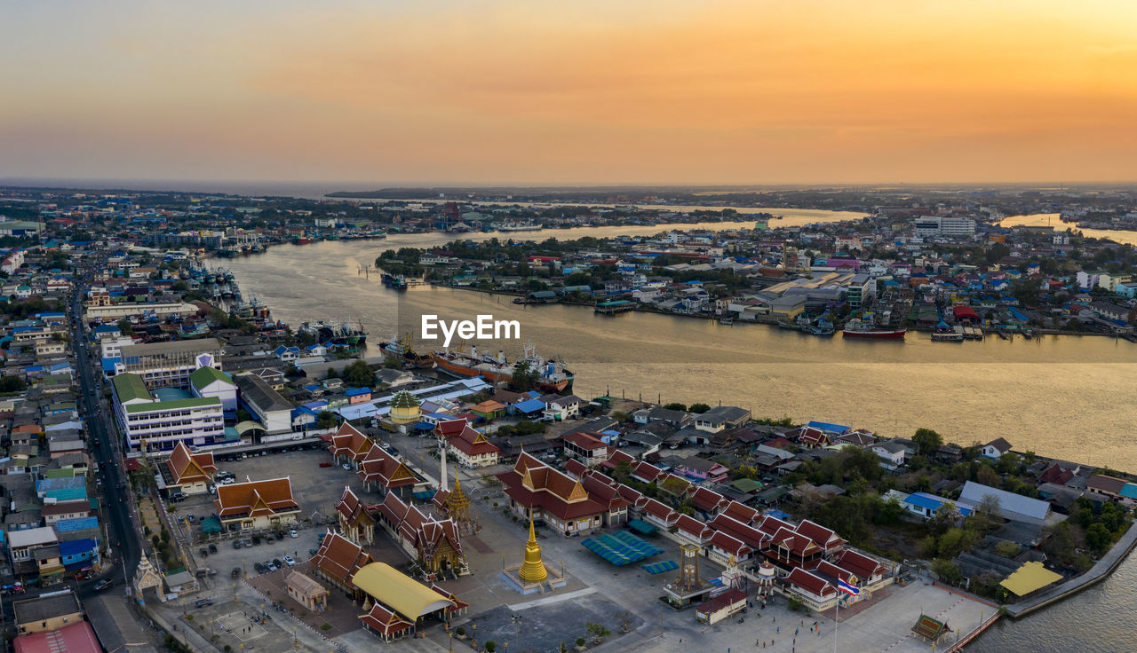 Aerial view of mahachai town in samuth sakorn outskirt bangkok thailand