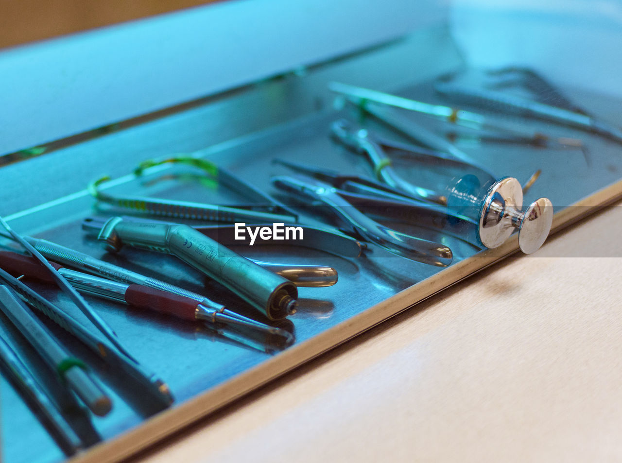 Dental equipment in an uv sterilizer.