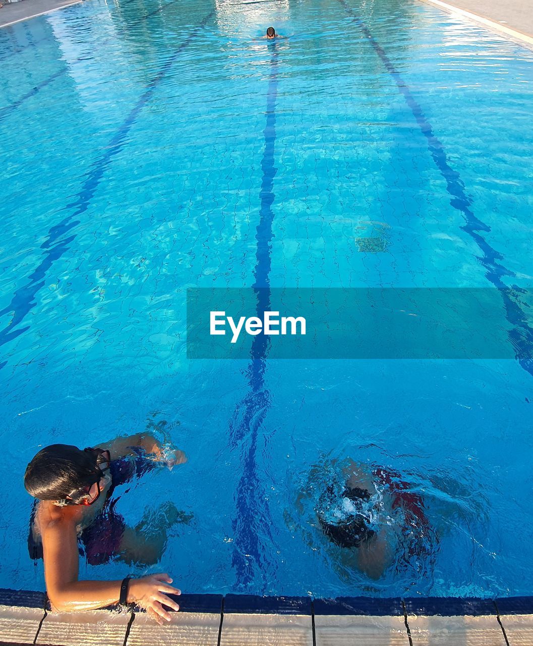 High angle view of woman swimming in pool