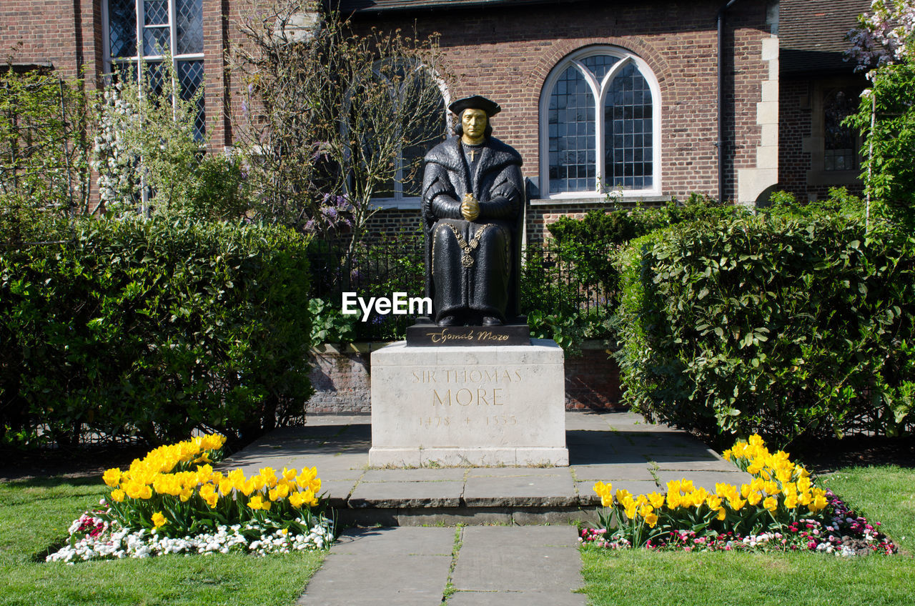 STATUE AND YELLOW FLOWERS