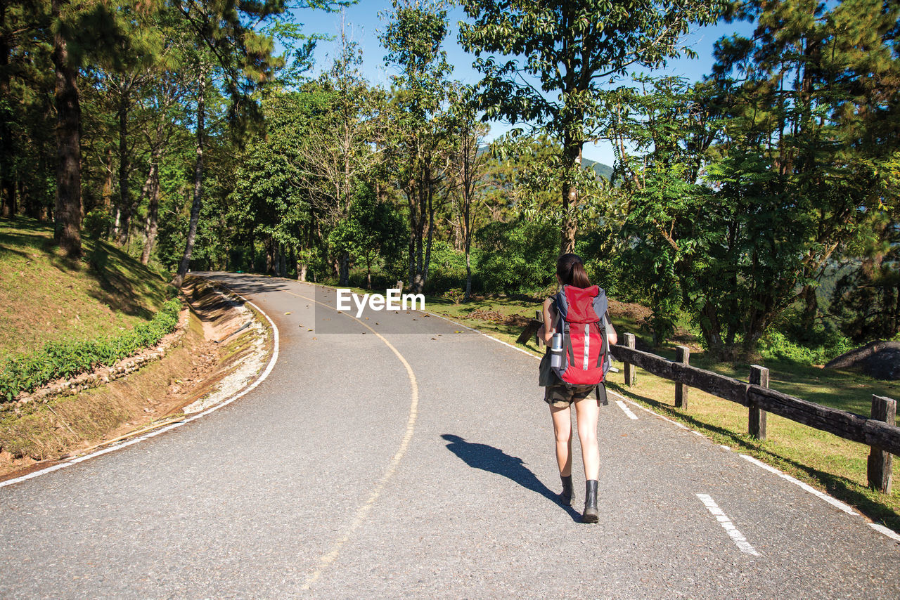 Rear view of backpacker walking on road against trees