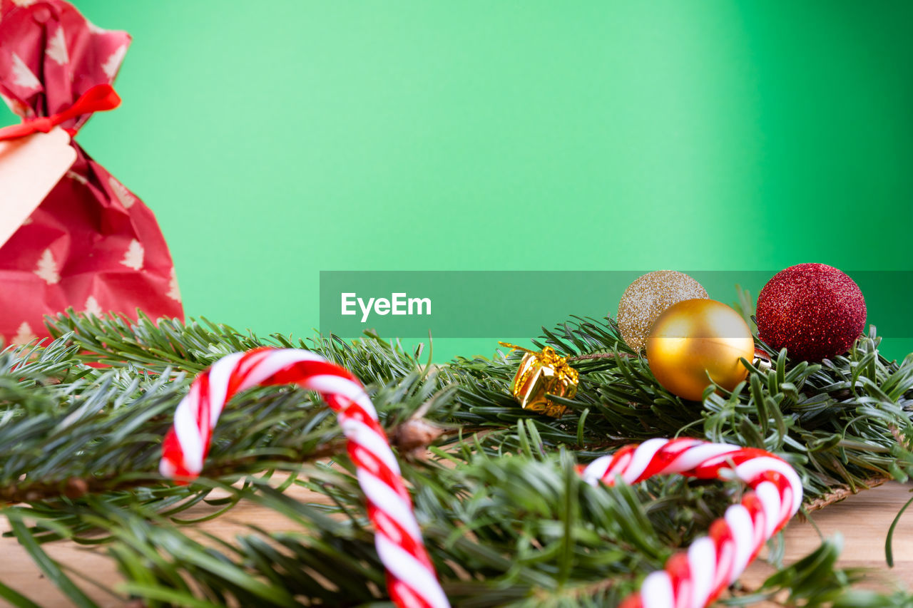 CLOSE-UP OF CHRISTMAS ORNAMENTS ON PLANT