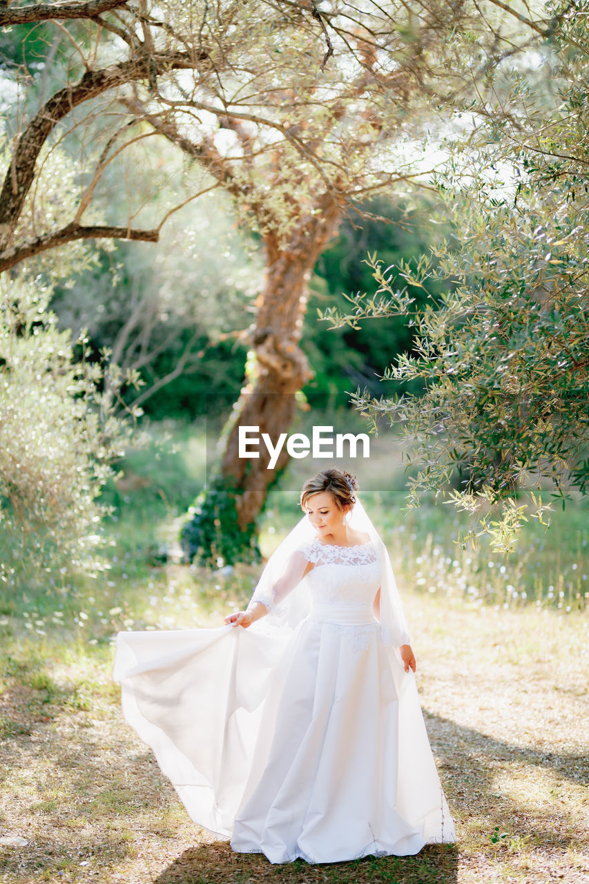 Full length of bride standing in forest