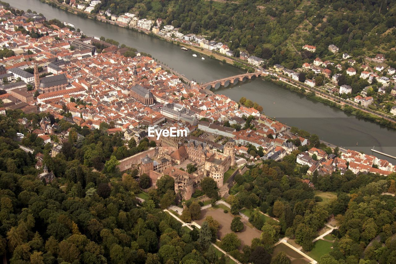 High angle view of heidelberg castle by trees in city