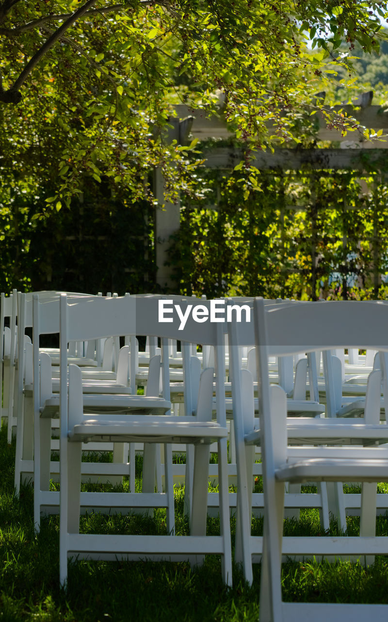 Empty white chairs set up outdoors for people against green trees