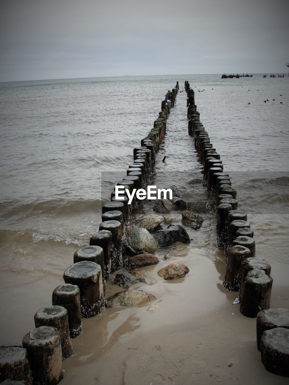 Wooden posts leading into the sea