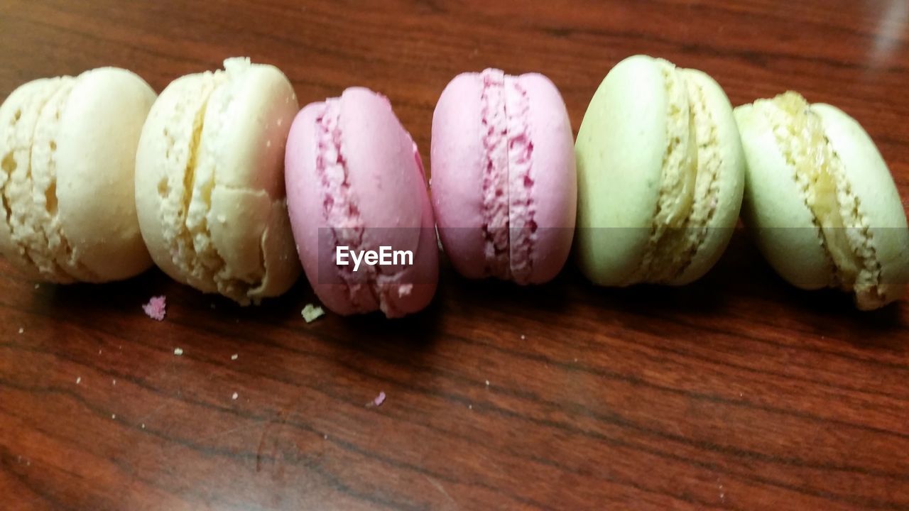 High angle view of macaroons on table