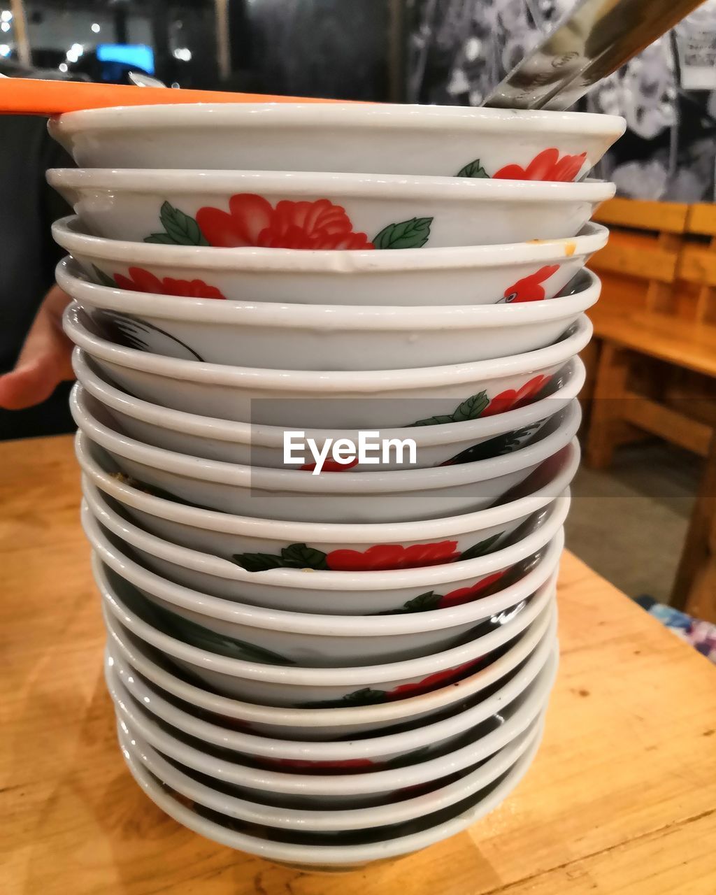 Close-up of stacked bowls on table