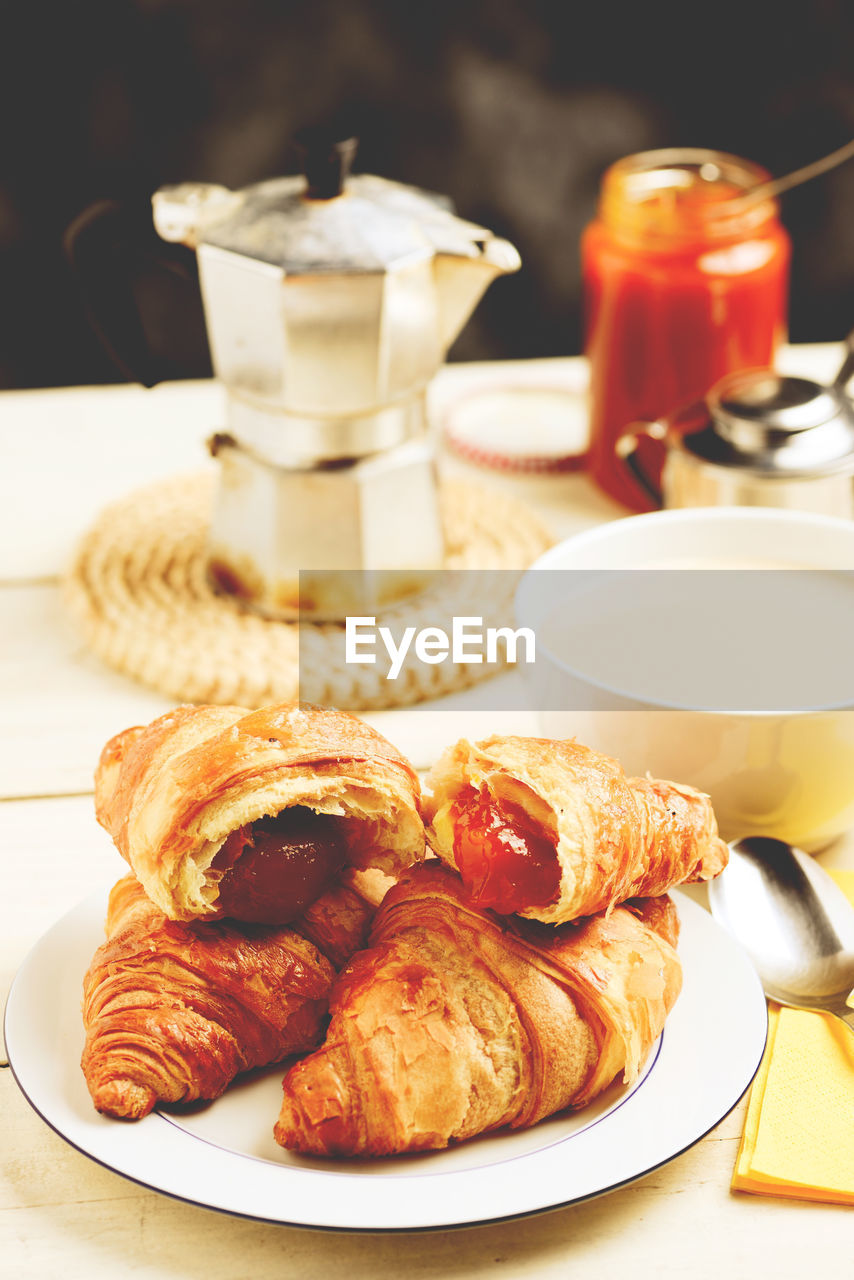 Close-up of breakfast served on table