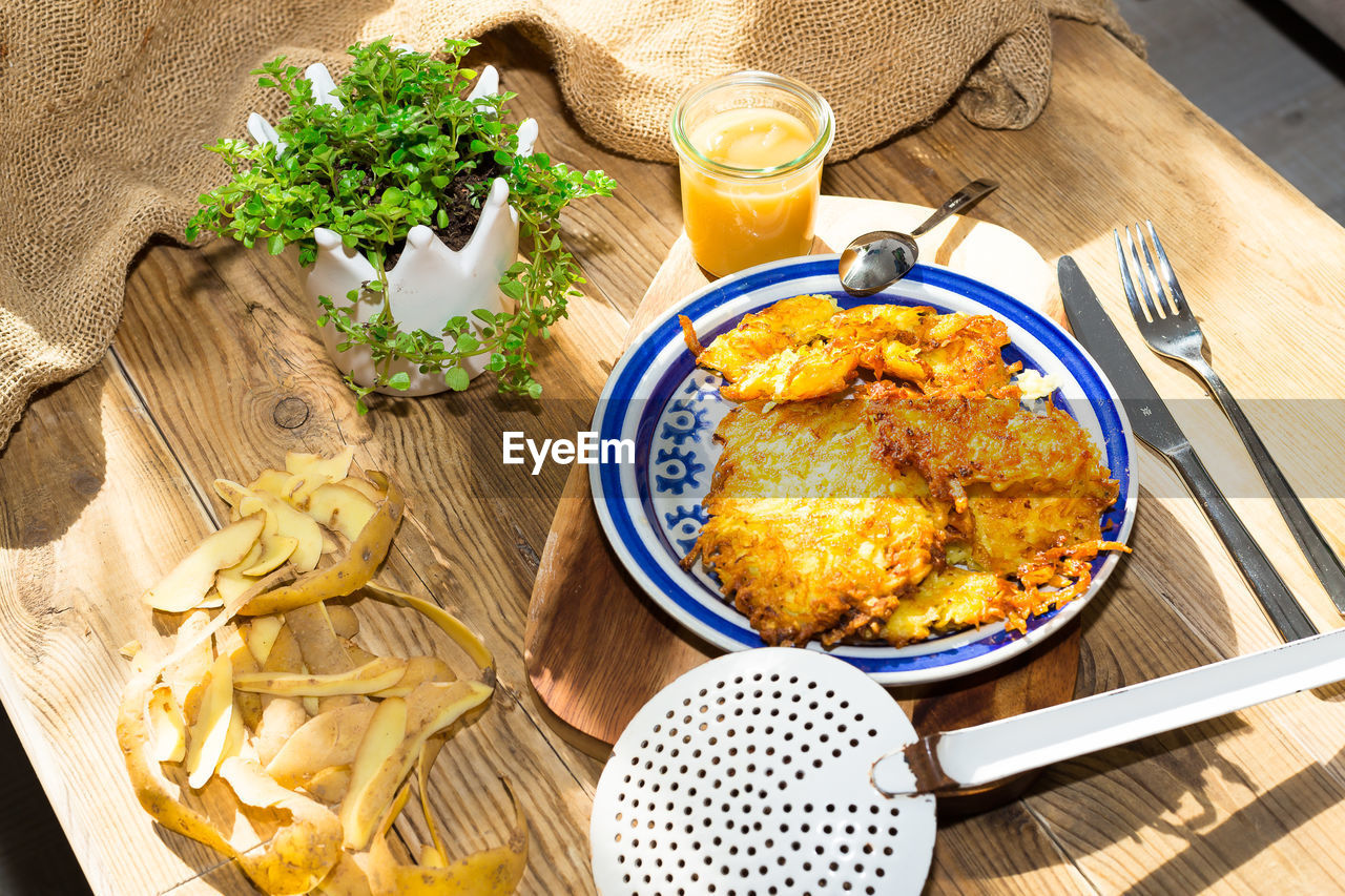 High angle view of meal served on table