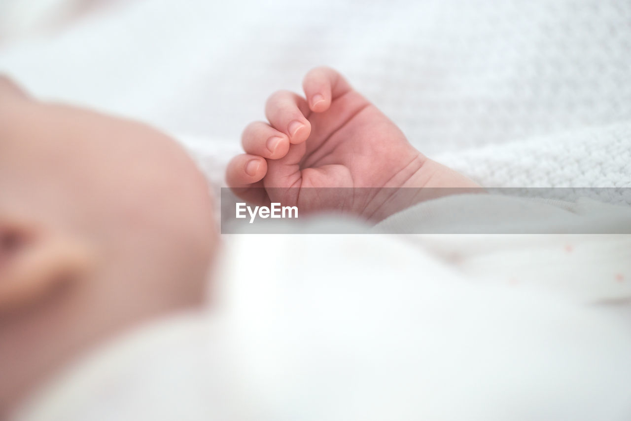 Little hand of a newborn baby clenched into fist close up maternity photography