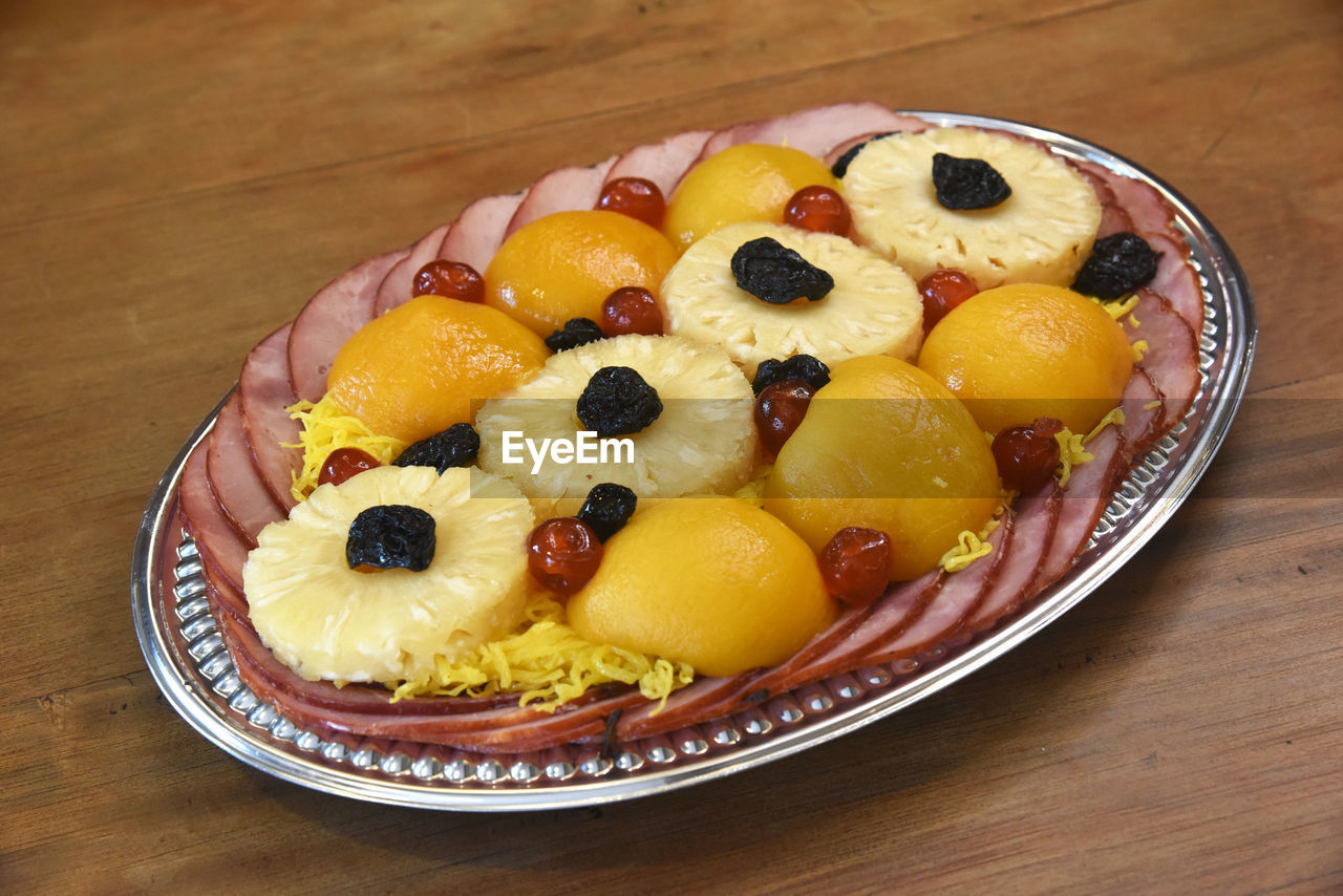 High angle view of dessert in plate on table