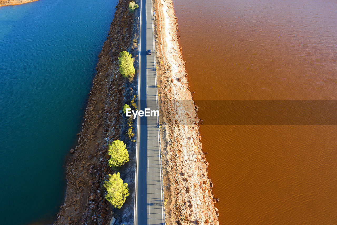 Spain, andalusia, huelva, drone view gossan dam highway