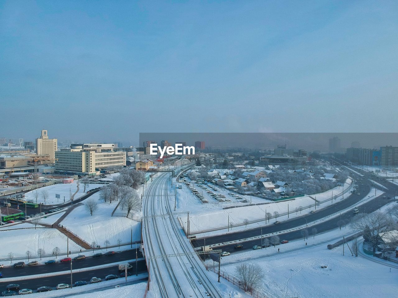 High angle view of cityscape during winter