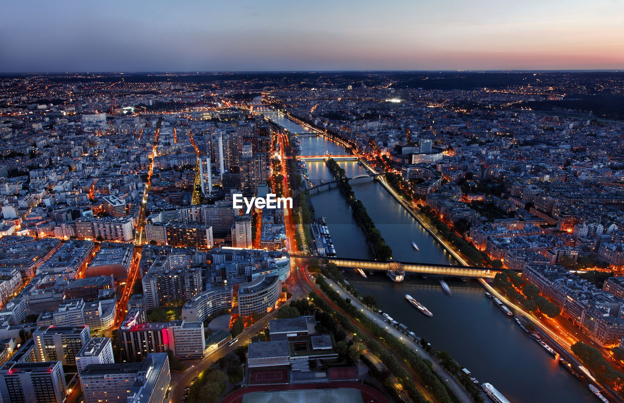 High angle view of illuminated city at night