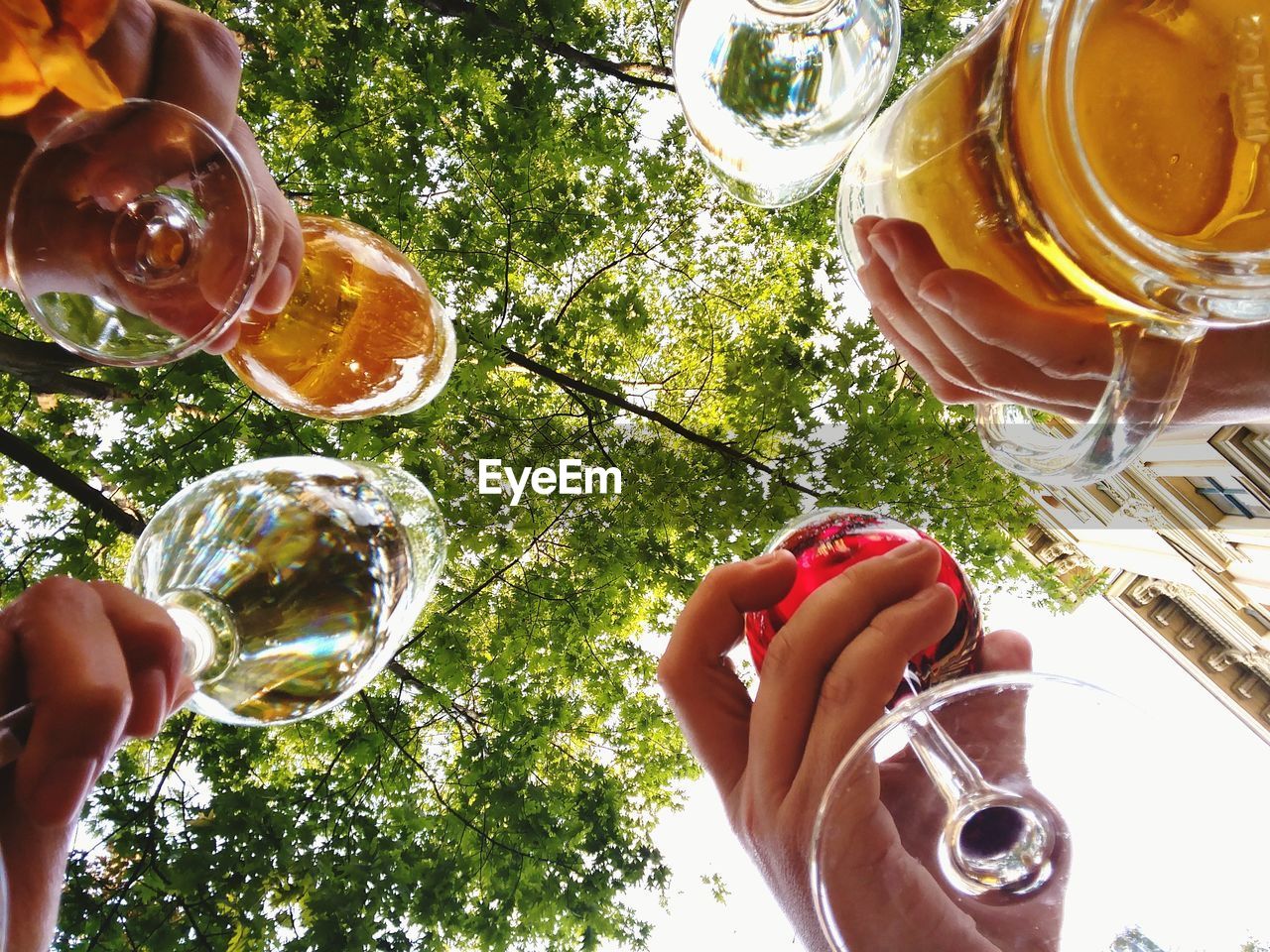 Low angle view of hands holding alcohol