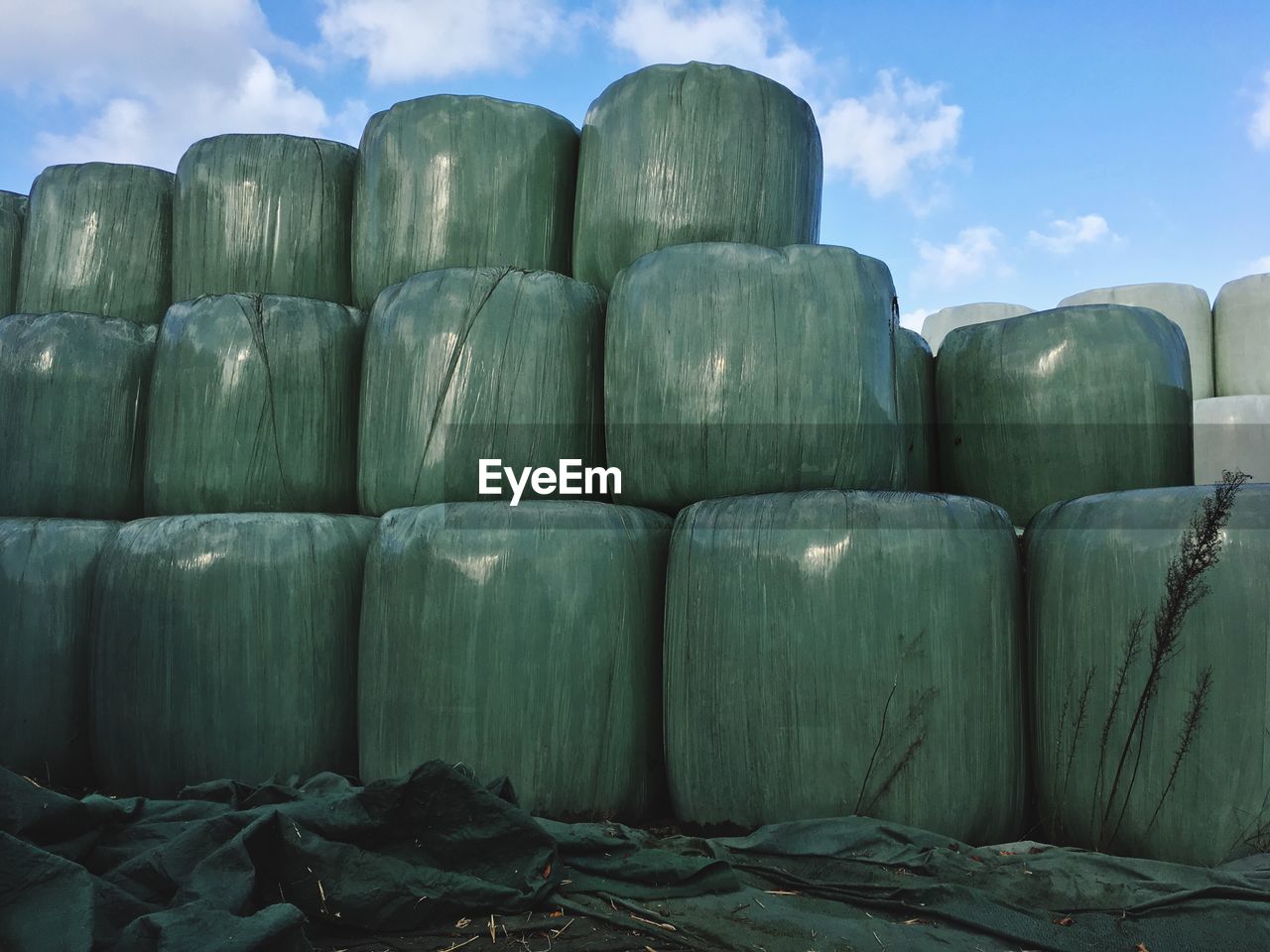 Hay bales in plastic arranged against sky at farm