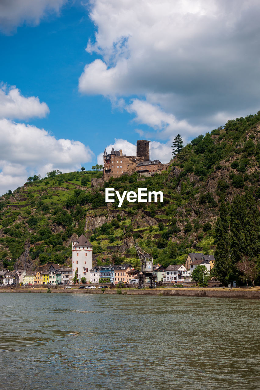 Panoramic view of loreley rocks and katz castle on the rhine in germany.