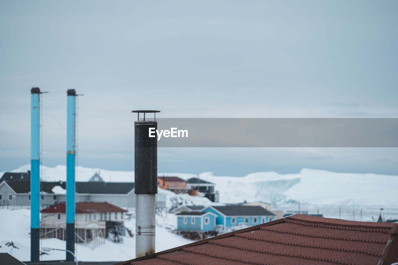 high angle view of buildings against sky