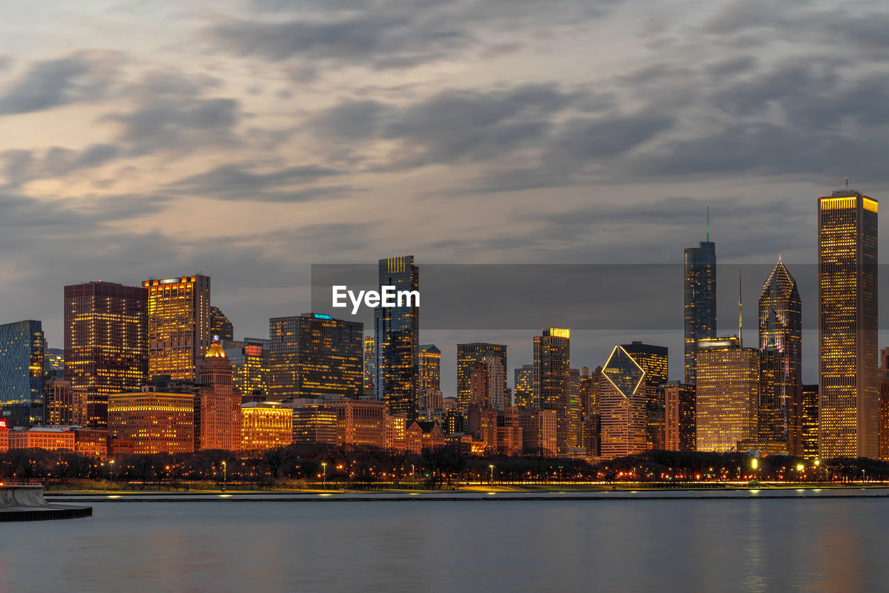 Chicago cityscape river side along lake michigan at beautiful twilight time, illinois, united states