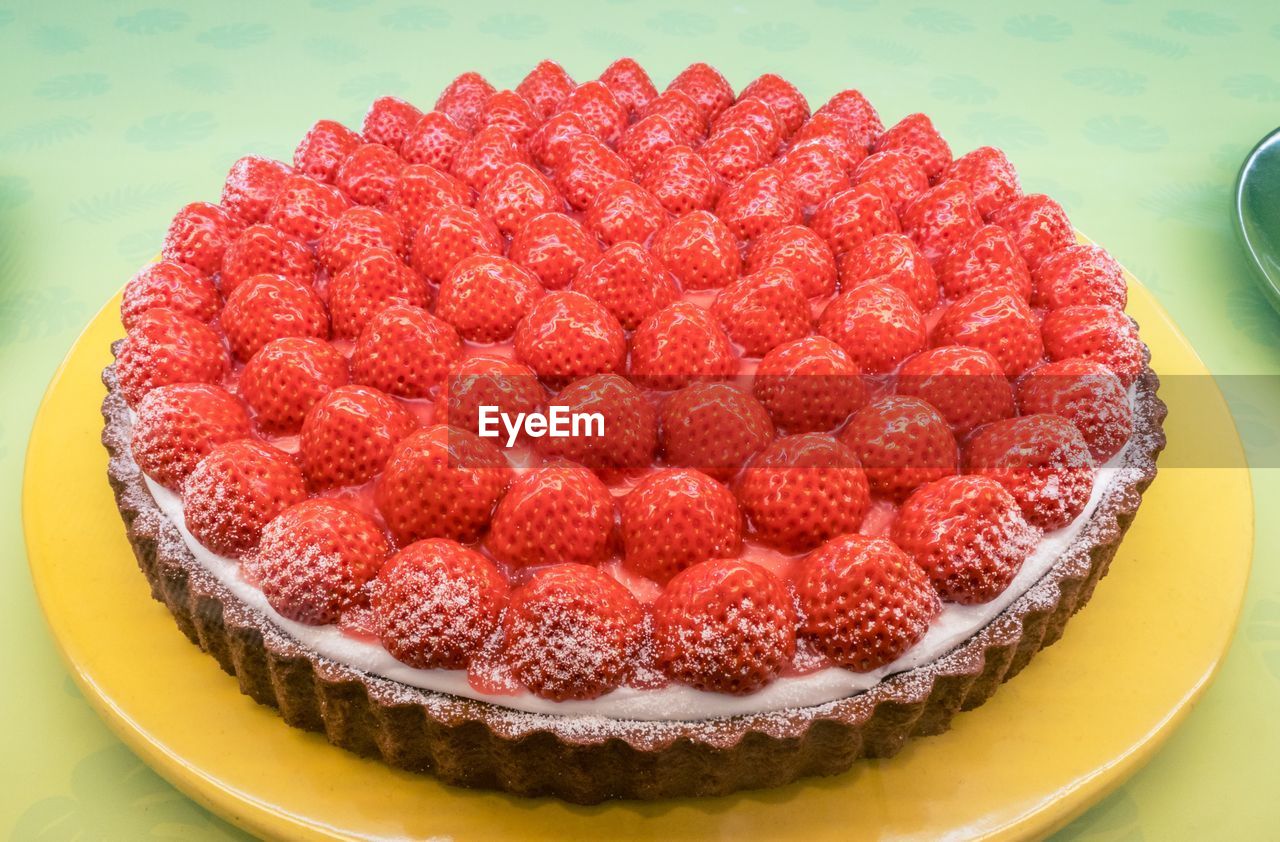 Close-up of strawberry cake in plate