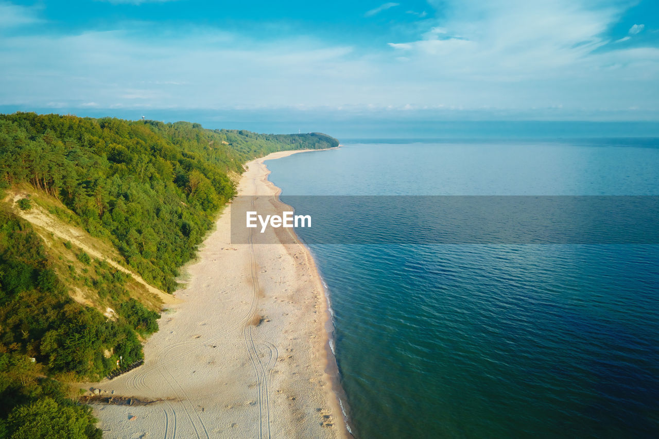 Aerial view of sea landscape with sand beach in wladyslawowo. baltic sea coastline in poland