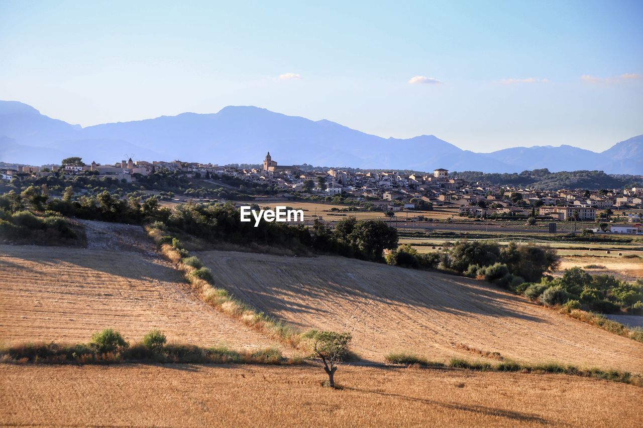 Scenic view of field by mountains against sky