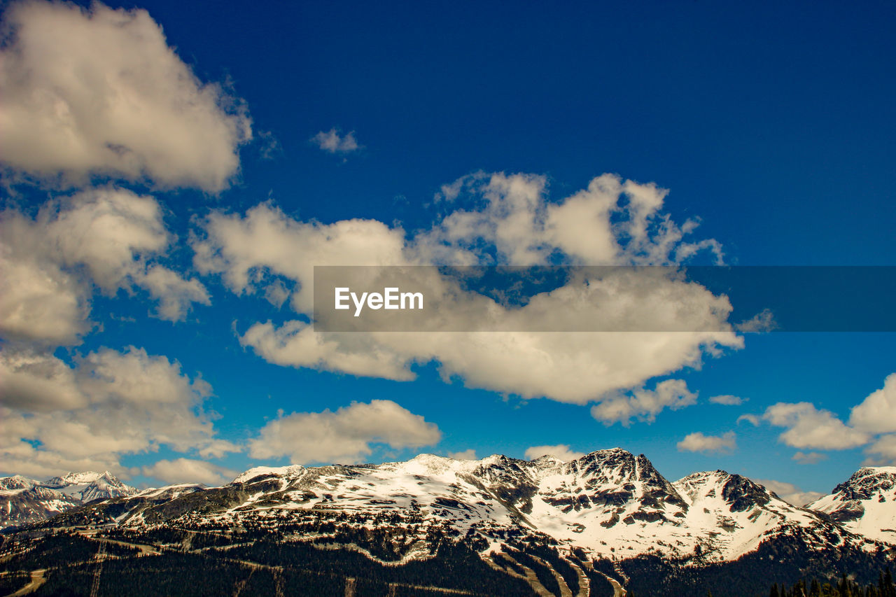 Low angle view of snowcapped mountains against sky