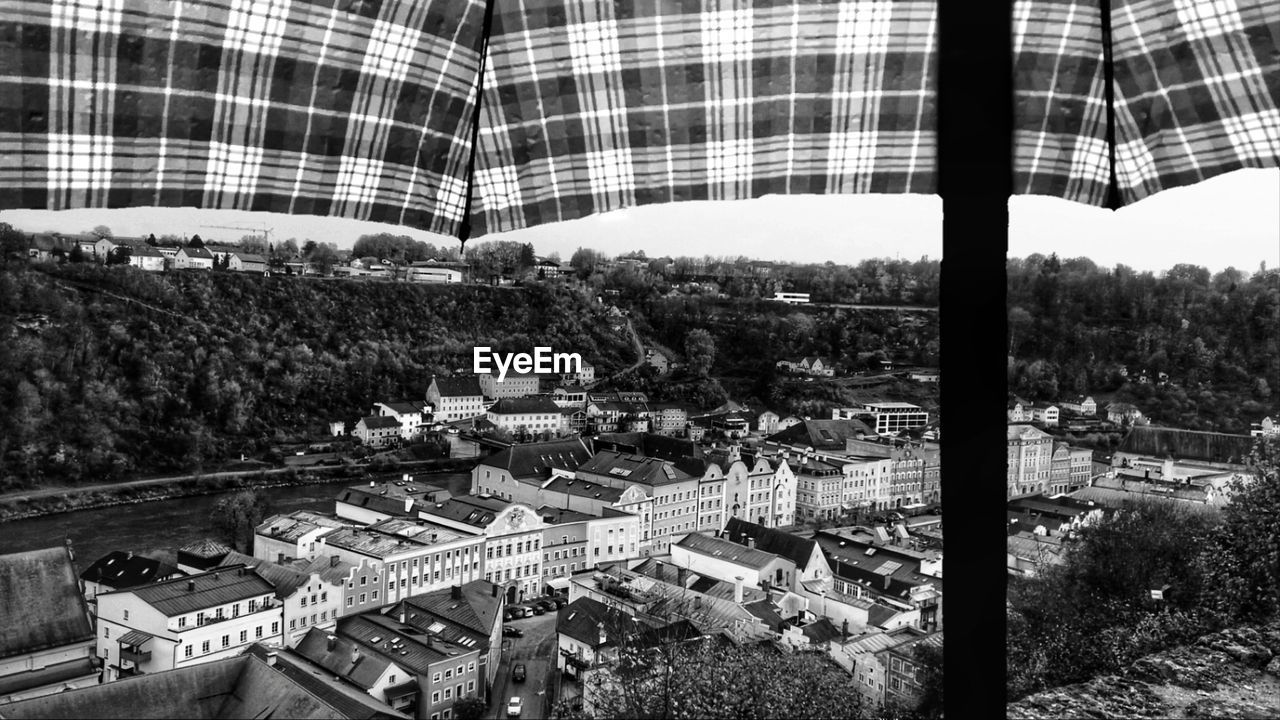 High angle view of the city under umbrella