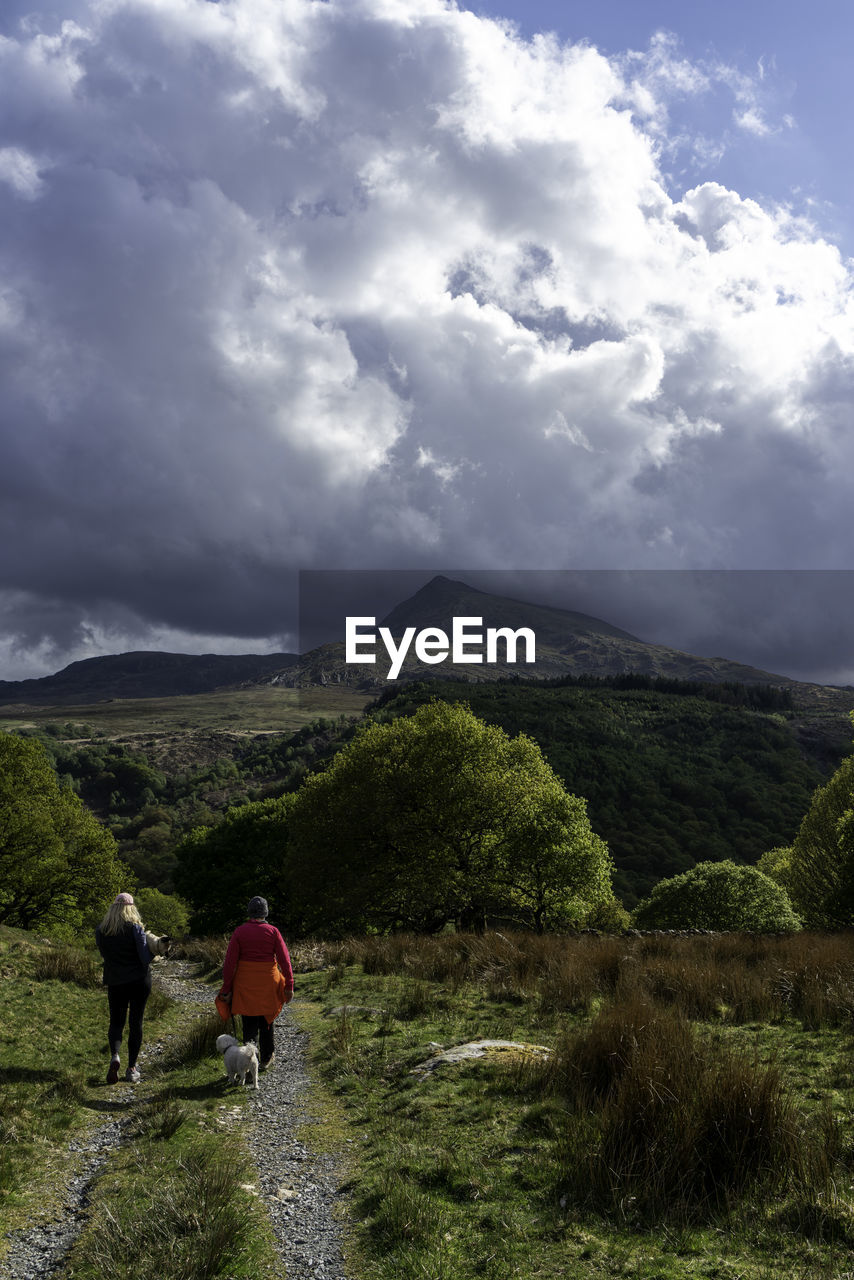 Rear view of people walking on mountain against sky