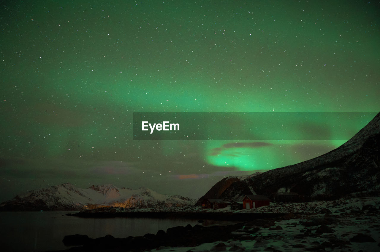 SCENIC VIEW OF LAKE AGAINST MOUNTAINS AT NIGHT