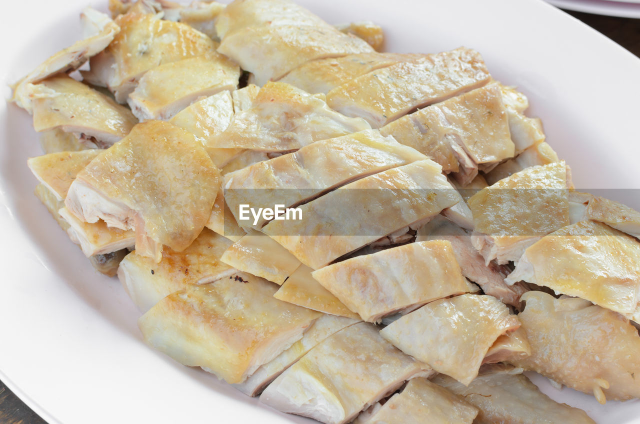 Close-up of boiled chicken in plate