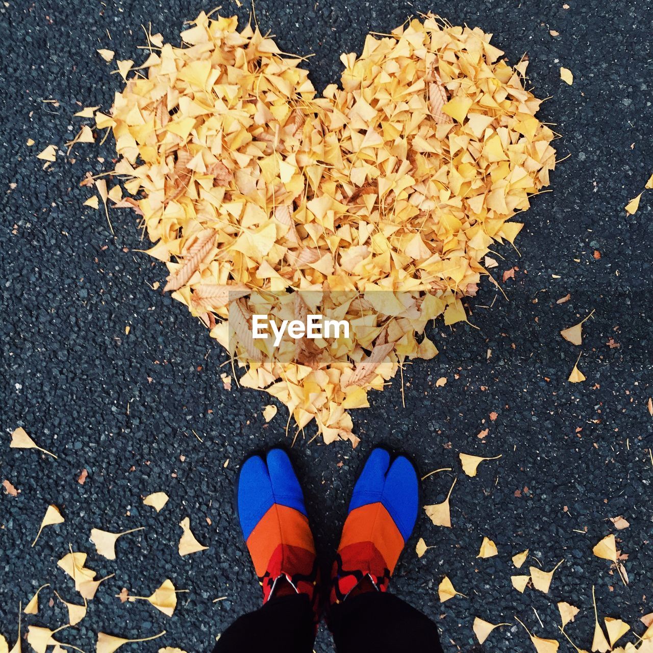 LOW SECTION OF PERSON STANDING ON LEAVES DURING AUTUMN