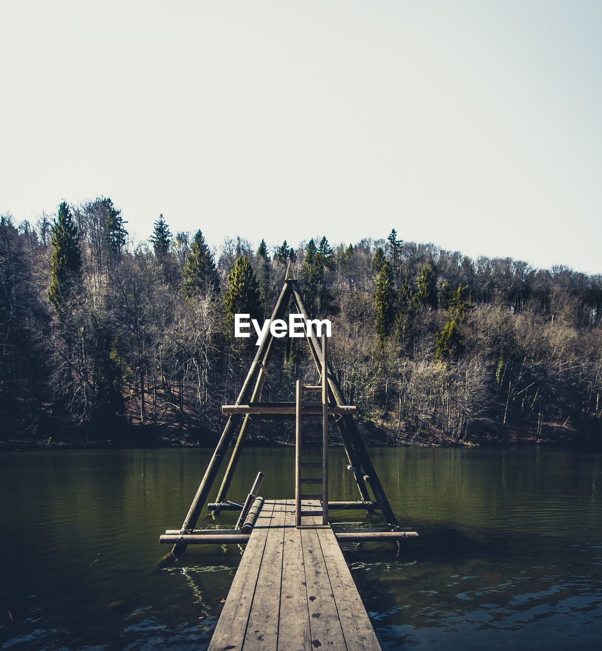 Pier over lake against clear sky