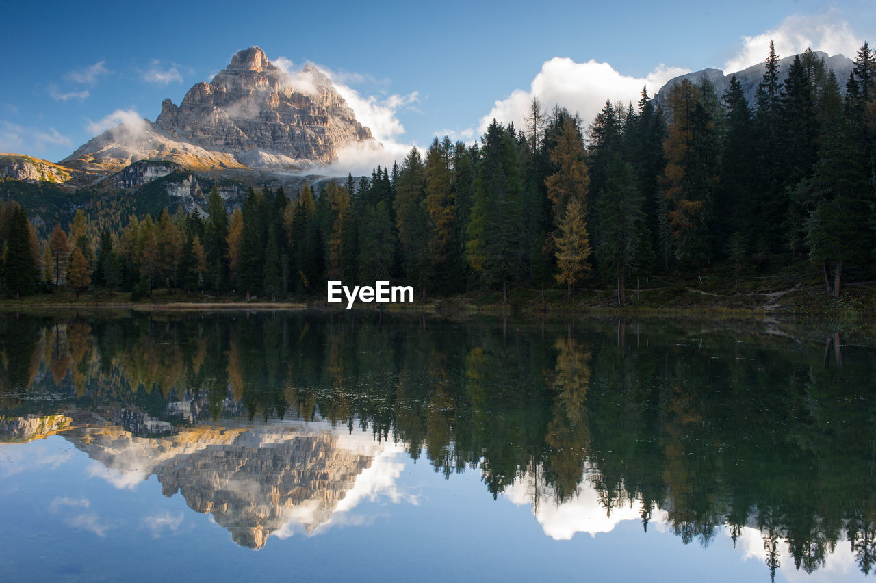 Scenic view of lake by trees against mountain