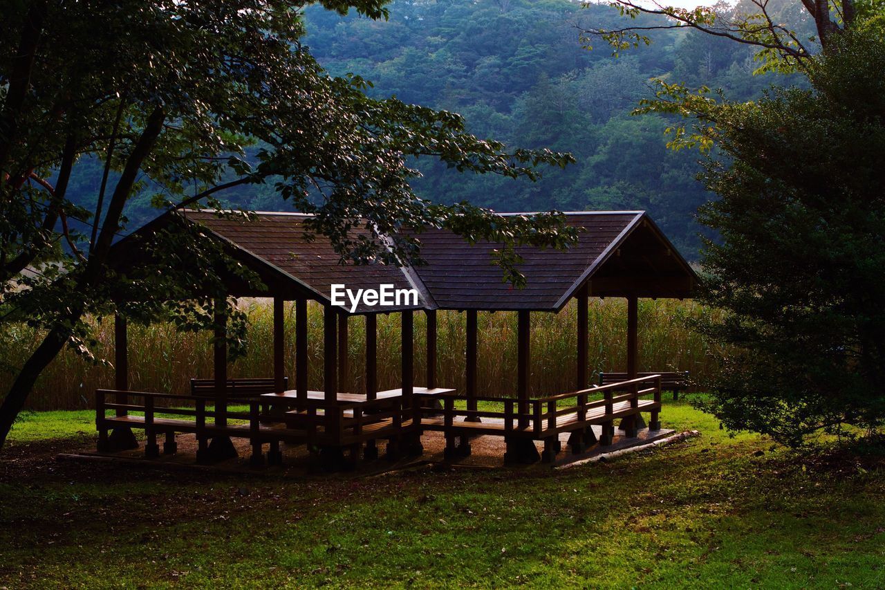 Gazebo in park against sky