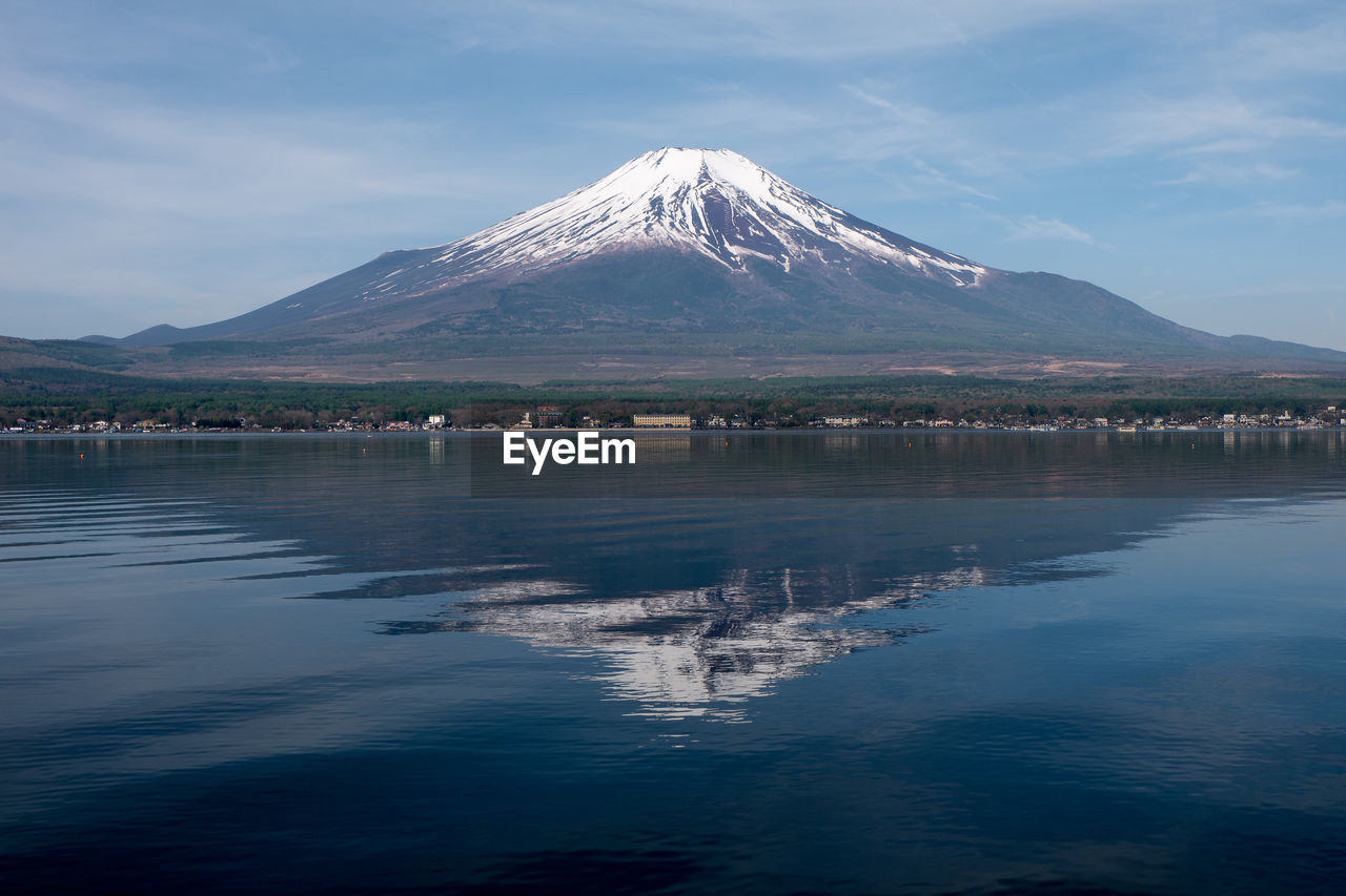 Scenic view of lake by snowcapped mt.fuji against sky