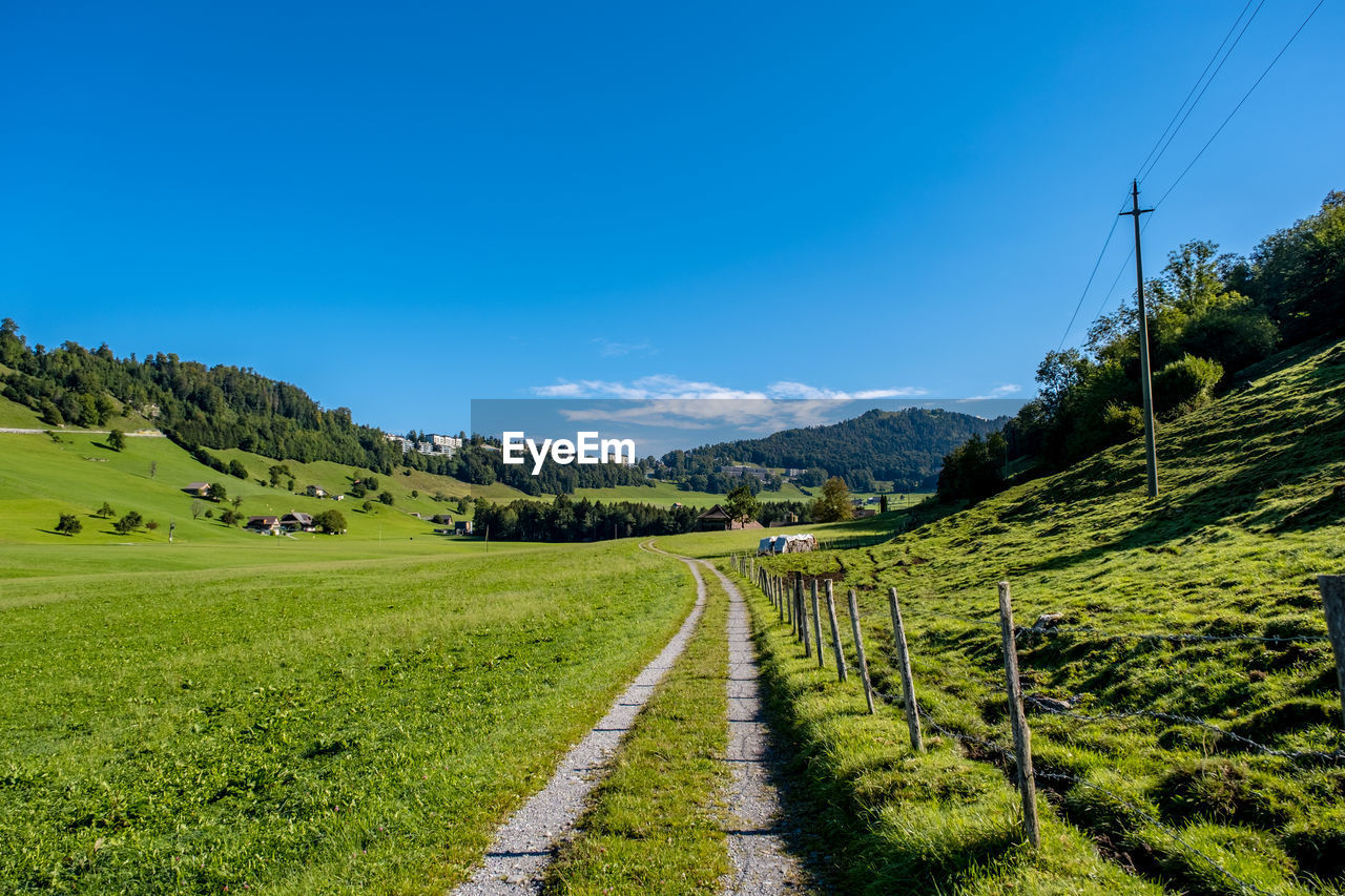 Scenic view of road amidst field against sky