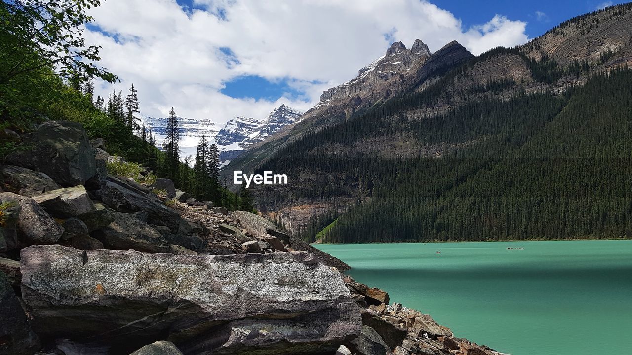 Scenic view of lake and mountains against sky