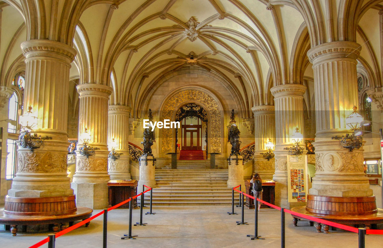 Interior of illuminated  town hall in hamburg, germany